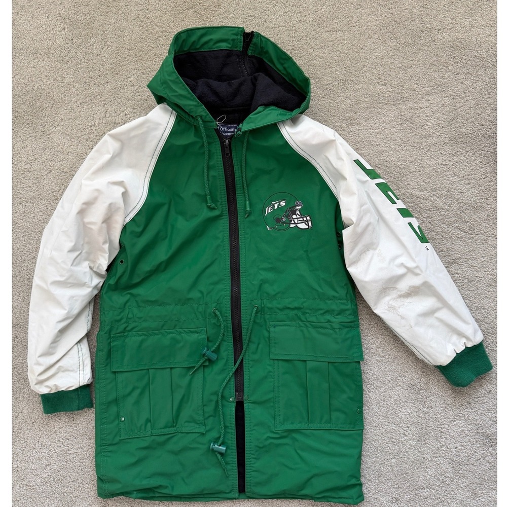 Vintage New York Jets NFL Hooded Parka Jacket Green White Youth Medium